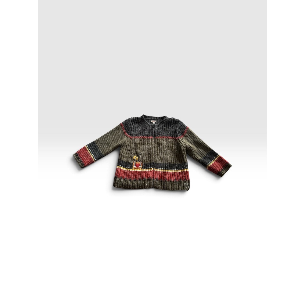 Catimini Kids Full Zip Chunky Knit Wool Blend Striped Sweater Grey Olive Red 4A